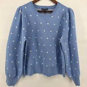 Adrianna Papell Small Polka Dot‎ Puff Sleeve Knit Sweater Blue Femenine msrp $99